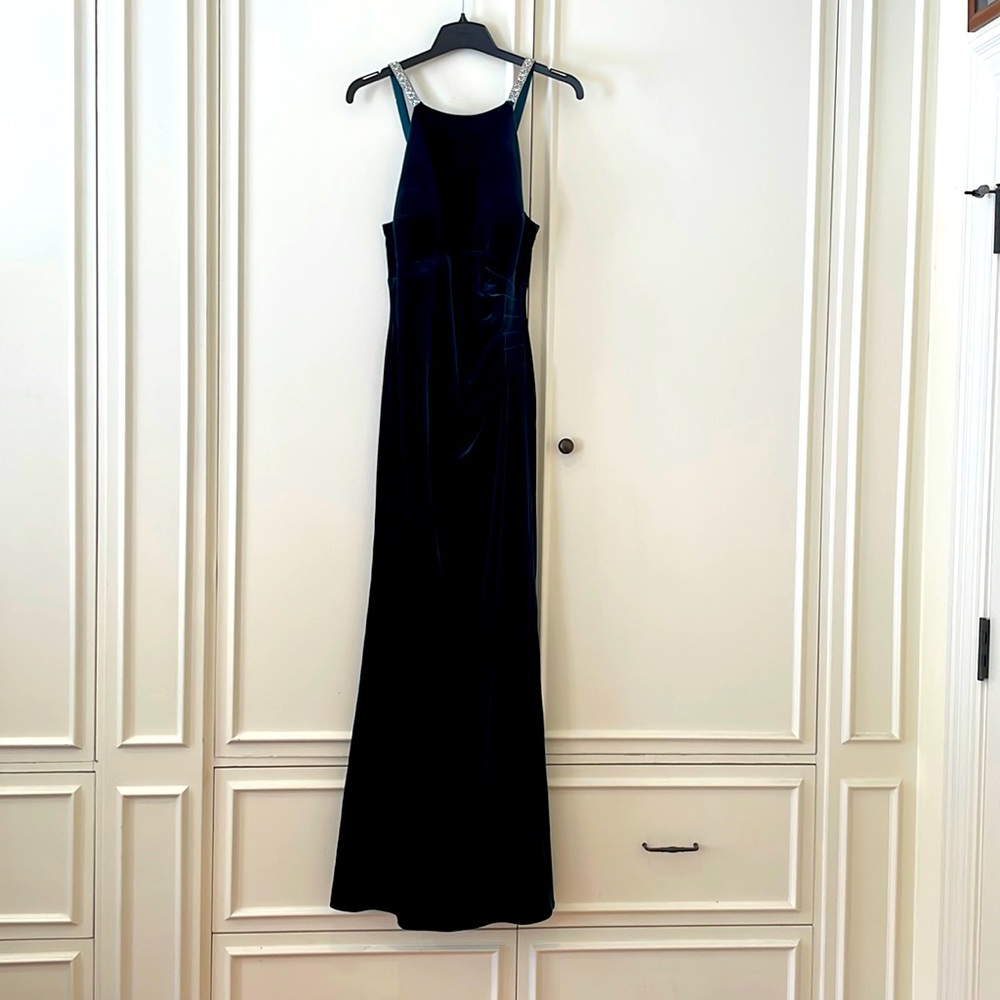 Betty and Adam green velvet evening gown with sparkly straps, altered to size 10